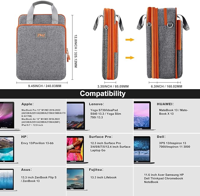 ZINZ Laptop Shoulder Bag 12.3-13 inch Case Sleeve, Expandable Handbag with Valuables Compartment Compatible with MacBook Air/Pro/Neo 13", iPad 12.9"/13"/11", Shockproof,Gray-Orange edge