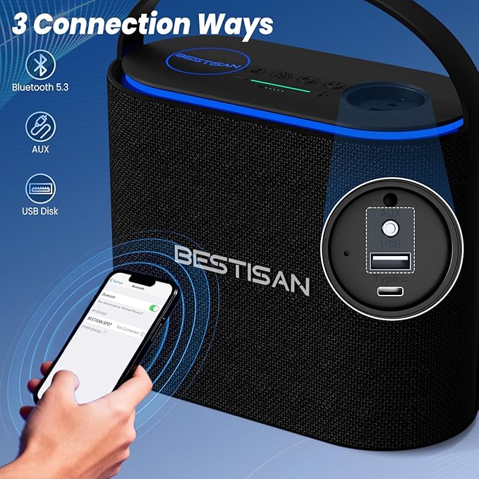 BESTISAN Bluetooth Speakers 2.1CH with 90W Max & 50W Subwoofer, Stereo Loud Sound, 7 RGB Lights, 15H Playtime, Hands-Free Calling, TWS, Portable for Outdoor Party, Camping, Travel, Garage, Workshop