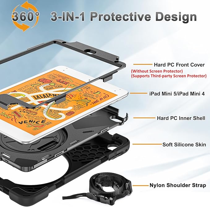 BRAECNstock for Apple iPad mini 5/4 Case 2019/2015 7.9", Shockproof Protective Cover with Pencil Holder, Rotating Hand Strap & Stand, Shoulder Strap, Case for iPad mini 5th/4th Generation, Black