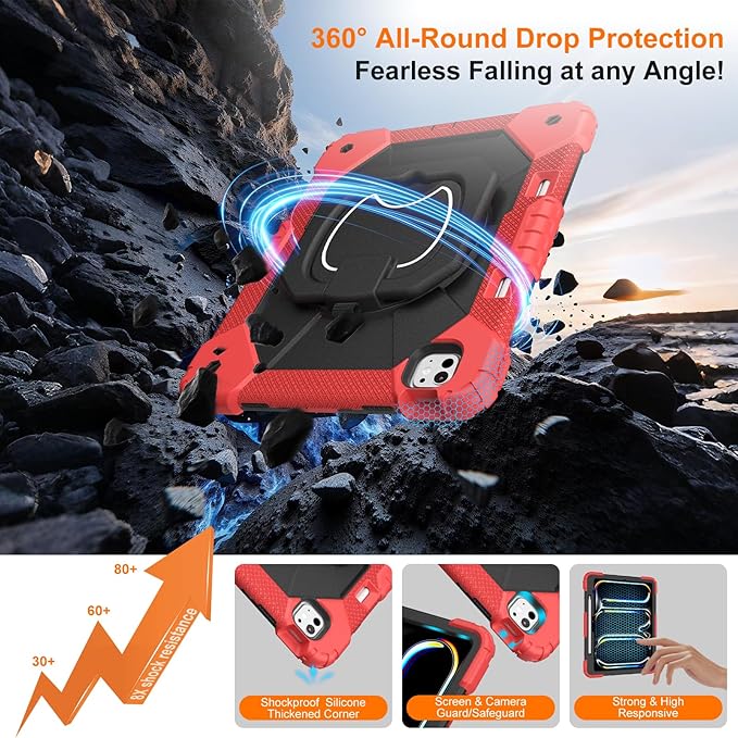 Case for iPad Pro 13 Inch M5 2025/ M4 2024, Ubearkk for iPad Pro 13 Inch case with Screen Protector, 360 Degree Rotating Stand Shoulder Strap Pencil Holder,Military Grade Shockproof, Red Black
