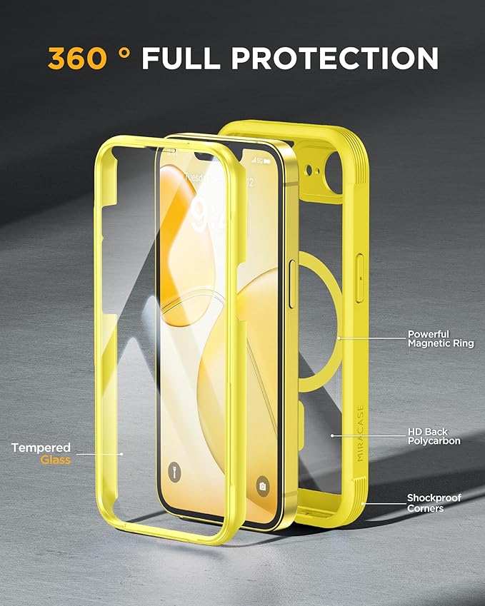 Miracase for iPhone 17e Case & iPhone 16e Case, Full-Body Phone with Built-in Glass Screen Protector, [Magnetic with MagSafe] Military Drop Proof 17 E/ 16 E Cover Bumper 6.1 inch, Yellow