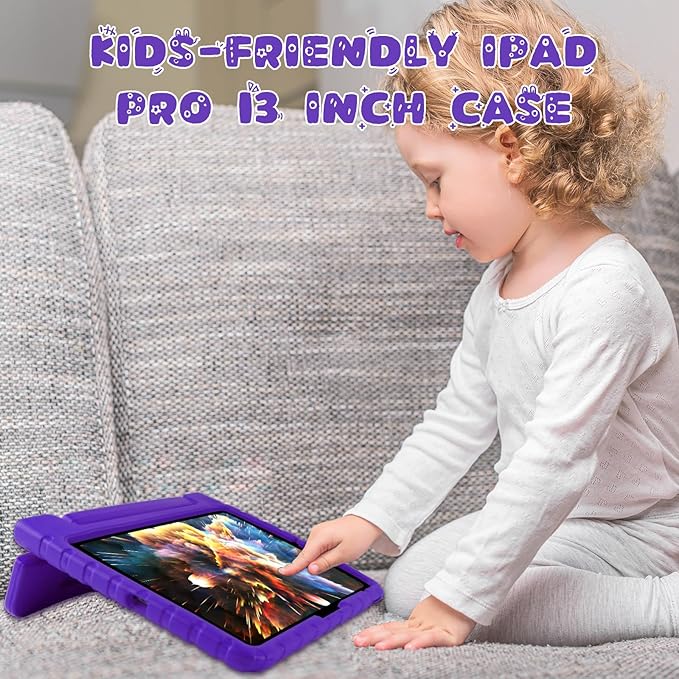 for iPad Pro 13 inch Case M4 with Pencil Holder, Anti-Slip Handle Stand, Super Protection Kids Proof Cute EVA Cover for iPad Pro 13" 2024, Purple