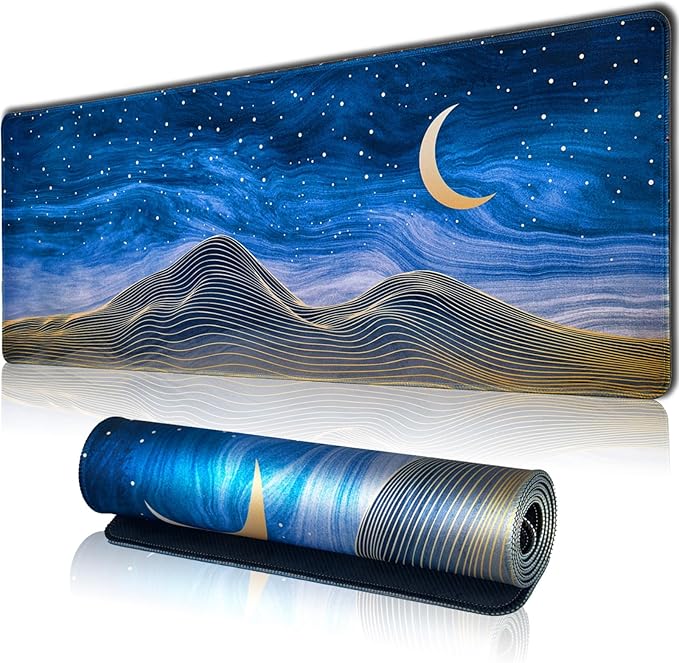 Hopipad Large Gaming Mouse Pad for Desk, Desk Mat with Seamed Edges, Waterproof Desk Pad, Non-Slip Rubber Base, 31.5x11.8 Inch Keyboard Pad Computer Mat, Big XL Moon Mountain Line Mousepad