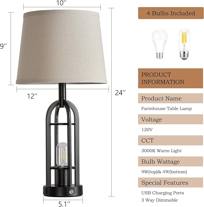 SRJJA 24" Table Lamps for Living Room Set of 2, Farmhouse Industrial 3-Way Dimmable Touch Bedside Lamps with USB A+C for Bedroom Nightstand，4 Bulbs Included