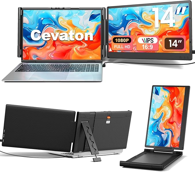 Cevaton Laptop Screen Extender, 14.2" FHD 1080P Portable Monitor for Laptop, Plug & Play Screen Extender, Auto Adjust Width Dual Monitor for 13" - 17" Laptops, Compatible for MacOS/Wins/Chrome/Dex