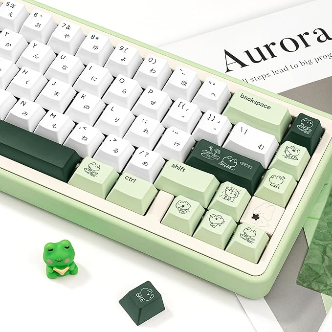 134 Keys Matcha Green Frog Keycaps - Cute PBT Japanese Keycap Cherry Profile Dye-Sublimation - Custom White Key caps for Cherry Gateron MX Switches Mechanical Gaming Keyboard