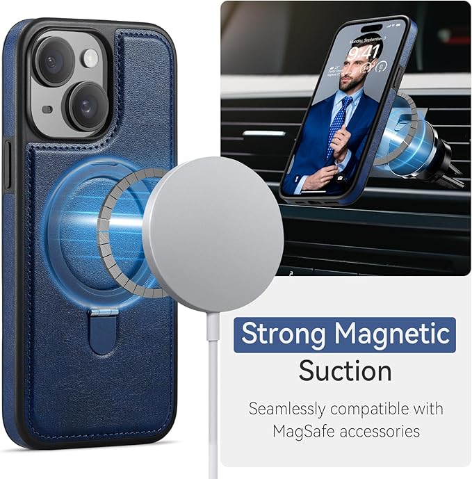 for iPhone 14 Case with Stand Compatible with Magsafe Slim PU Leather & Durable TPU Drop Proof Magnetic Kickstand Protective Phone Cover with Tempered Glass Screen Protector 6.1", Blue