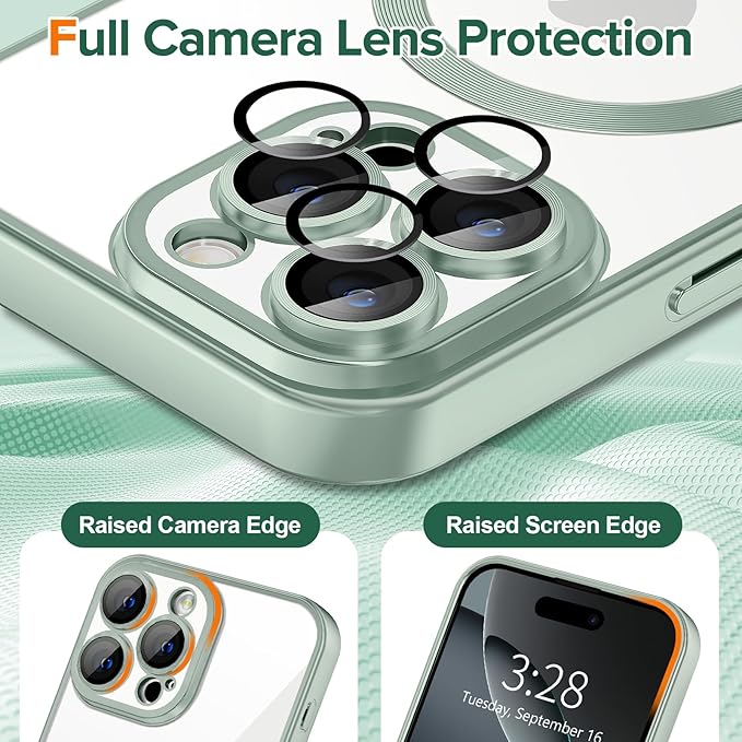 Hython Magnetic Clear for iPhone 16 Pro Max Case with Camera Lens Protector [Compatible with MagSafe] Plating Edge Slim Soft TPU Cover Protective Phone Case for iPhone 16 Pro Max 6.9", Matte Mint