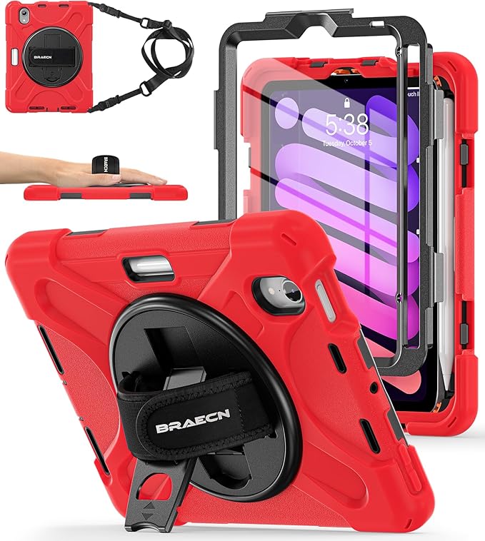 BRAECNstock Case for Apple iPad mini 7 (A17 Pro) 2024/ Mini 6 8.3", Shockproof Protective with Pencil Holder, Screen Protector, Rotating Hand Strap & Stand, Kids Case for iPad mini 7th/6th Gen, Red