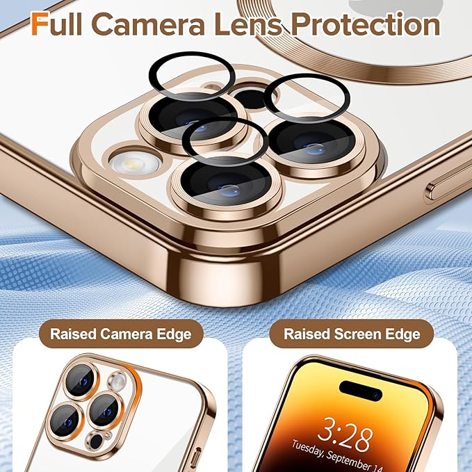 Hython Magnetic Clear for iPhone 14 Pro Case with Camera Lens Protector [Compatible with MagSafe] Luxury Plating Edge Slim Soft TPU Cover Protective Phone Case for iPhone 14 Pro 6.1", Desert Brown