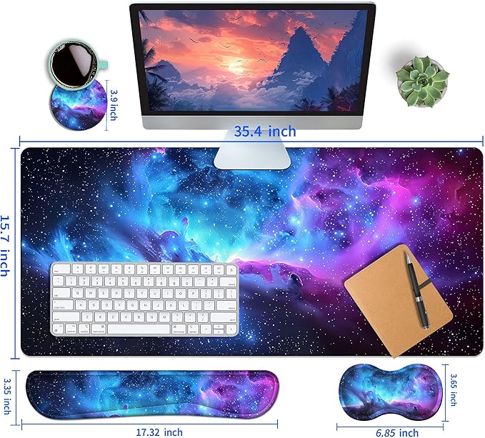 4-Piece Extended Large Mouse Pad Set for Women Men with Galaxy Design Includes 35.4 x 15.7 XXL Large Mouse Pad Keyboard Wrist Rest Mouse Wrist Support and Coaster for Office Home