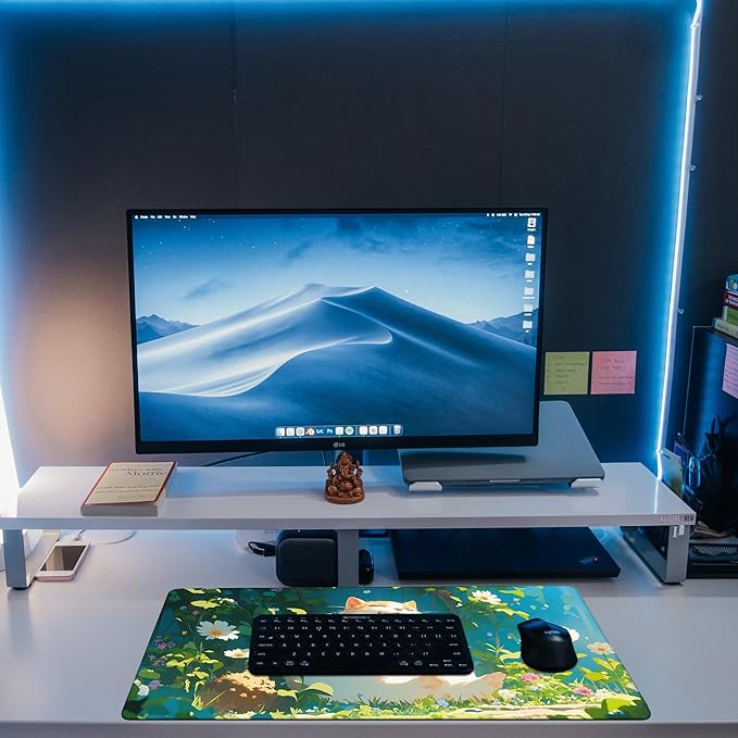 Desk Pad, Happy Fat Cat Desk Mat, Cute Anime Cat Large Gaming Mouse Pad for Desk, 31.5"x15.7" Extended Big Computer Keyboard Mouse Pad with Non-Slip Base and Stitched Edge