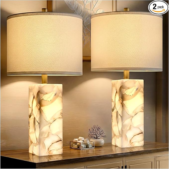 Scenekoy Alabaster Table Lamp Set of 2 with Night Light for Bedroom Living Room, 23" Rotary Switch Bedside Lamp with Linen Shade, Modern Nightstand Lamps for Room Office Dorm (Bulb Included)