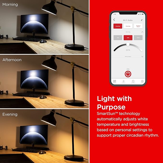 UltraPro Wi-Fi LED Smart Light Bulb, A19, 60W Equivalent, White Select Tunable 2700K - 6500K, Full-Range Dimmability, 2.4GHz Router Required, Circadian Rhythm, Easy-to-Use App, 2 Pack, 51448