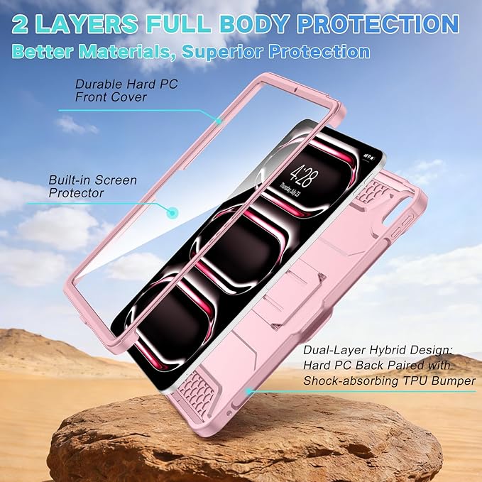 Soke Case for iPad Pro 11 Inch (M5) 2025/ (M4) 2024, with Built-in Screen Protector & Kickstand, Rugged Full Body Heavy Duty Protective Cover with Pencil Holder - Pink