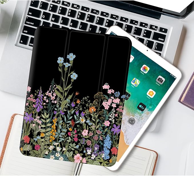 for iPad Air 2/1 Case, for iPad 5Th/6Th Generation Case 2017/2018, Slim Cover for iPad Cases 5th/6Th Generation 9.7-inch, Pencil Holder, 2 Viewing Angles, Typing Stand, Black Flower Art
