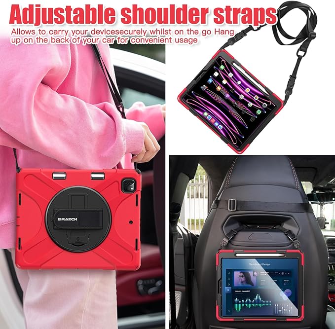 BRAECNstock Case for Apple iPad Air 13 inch (M4/M3/M2)/ iPad Pro 12.9 inch 6th/5th/4th/3rd Gen, Shockproof Protective Case with Pencil Holder, 360° Rotating Stand & Hand Strap, Shoulder Strap, Red