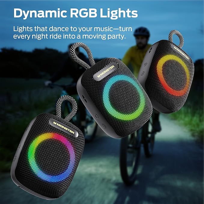 Monster S300 Portable Bluetooth Bike Speaker, IPX7 Waterproof Wireless Shower Speaker with RGB Lights, 10H Playtime, Loud Sound, Bluetooth 6.0, Bike Accessories, TWS, for Outdoors/Travel/Home, Black