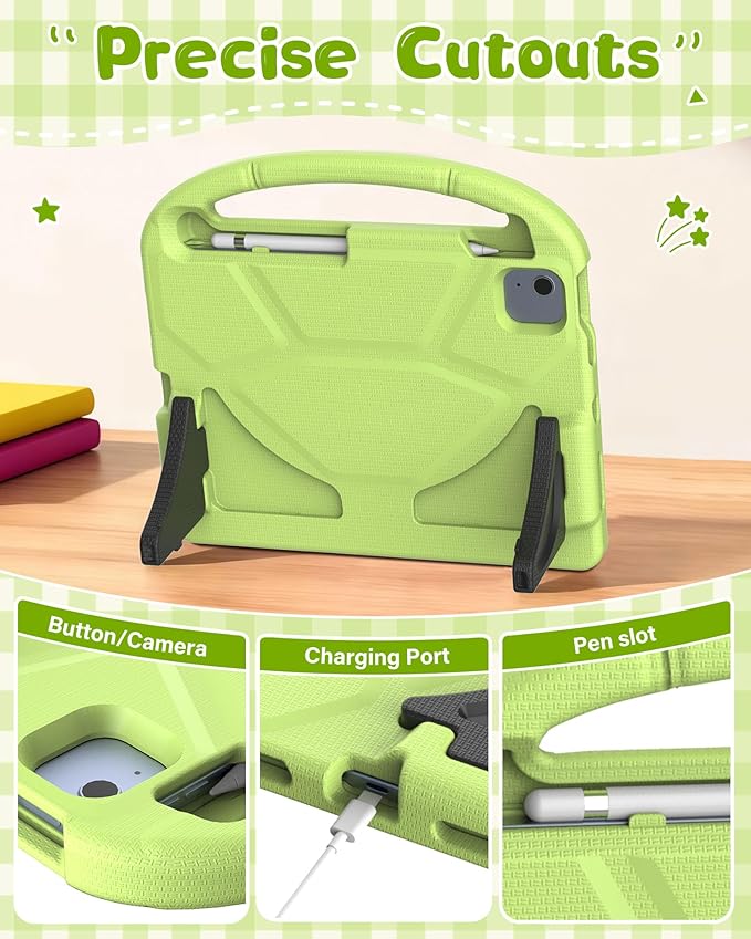 Kids Case for iPad A16 11th Gen 11-Inch 2025 & iPad 10th Generation (10.9" 2022), Durable Shockproof Fully-Body Cover with Screen Protector/Pencil Holder/Stand/Handle for Kids, Light Green