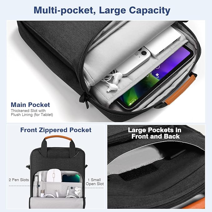 MoKo 9-11 Tablet Shoulder Sleeve Bag, Fits 11inch iPad Air M4 2026/Pro M5, iPad A16, i-Pad 10/9/8th 10.9/10.2, Surface Go 3/2 10.5, Tab S8/S9 11, Polyester Bag with Concealed Hand Strap, Black & Gray