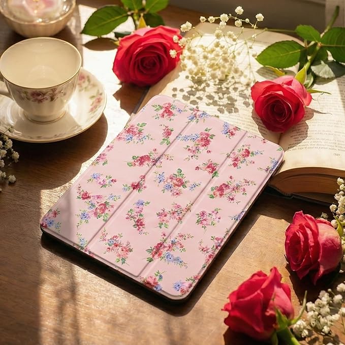 Case for iPad Air 11 inch M4 2026 M3 2025 M2 2024,iPad Air 5th (2022) / 4th (2020) 10.9 Inch Clear Back Shell Shockproof TPU Edge Trifold Stand Auto Wake Sleep Cute Cover, Elegant Rose