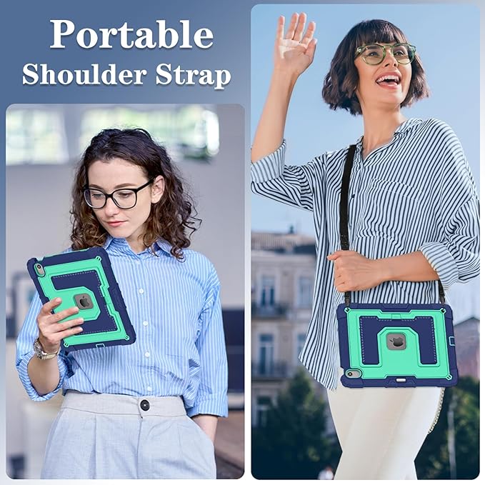 Kids Friendly Case for iPad Air 13 Inch M4 M3 M2 2026/2025/2024 Case with Pencil Holder & Shoulder Strap, Military Grade Shockproof Kickstand Hard Shell Protective Cover,Blue+Mint