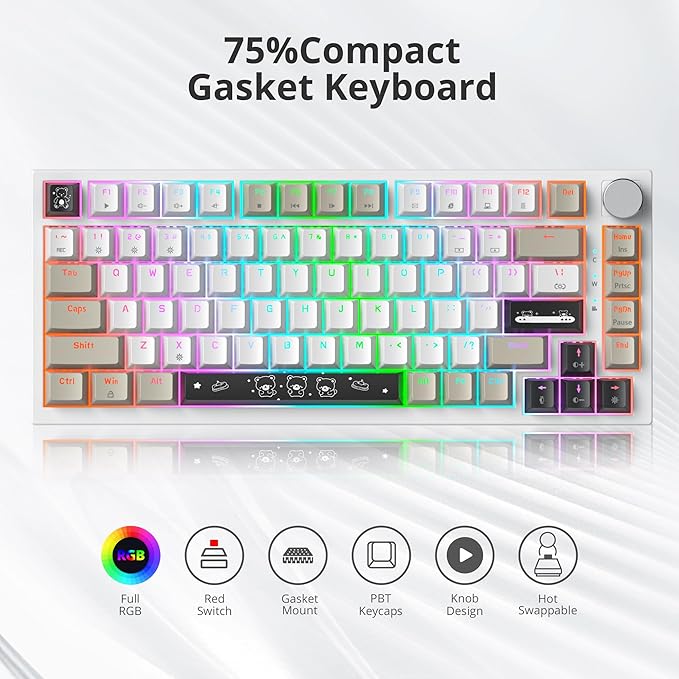 75% Wired Creamy Keyboard, Hot Swappable Mechanical Gaming Keyboard with Gasket Mounted, RGB Backlit, Red Switch, Knob Control for Win Pc Laptop(82Grey)