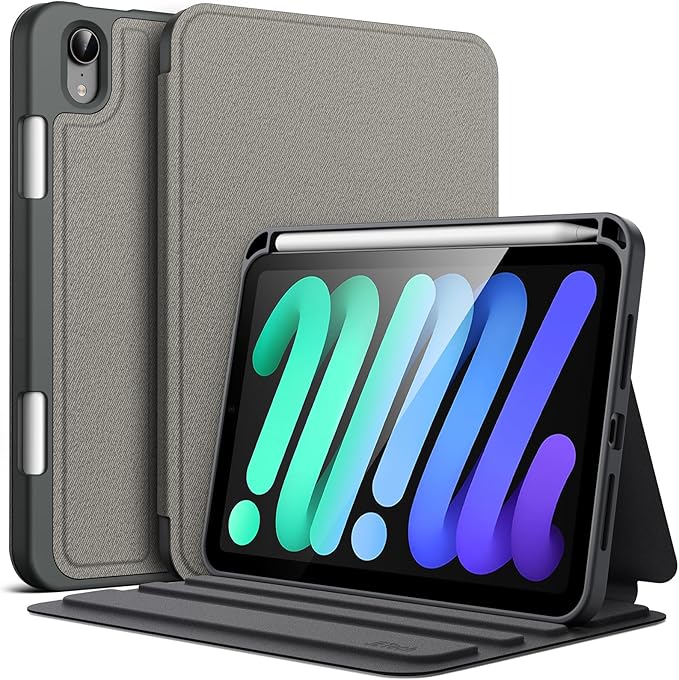 JETech Case for iPad mini (A17 Pro, 2024 Model, 7th) / Mini 6 (2021 Model, 6th) with Pencil Holder, Slim Folio Stand Protective Tablet Cover, Multi-Angle Viewing (Space Gray)