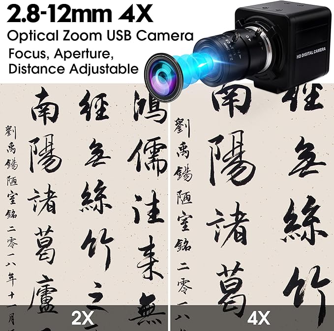 4K USB Camera 2.8-12mm Varifocal Manual Lens Webcam, Ultra HD 4X Zoom with IMX317 Sensor for Windows, Linux, Raspberry Pi, Mac OS