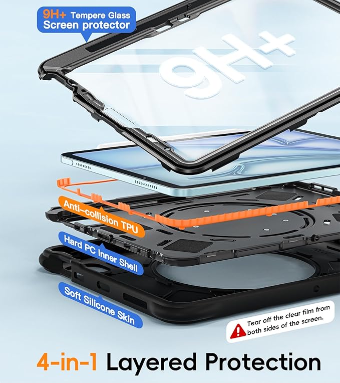 BATYUE Case for iPad Air 11-inch M4 (2026)/ M3 (2025) / M2 (2024), iPad Air 5th/4th 10.9 inch(2022/2020), iPad Pro 11" 4th/3rd/2nd/1st Cover with Class Screen Protector, Pencil Holder & Strap, Black