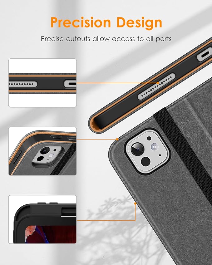 DTTO for iPad Pro 13 inch Case (M5/M4) 2025/2024, Premium Leather Business Folio Stand Cover with Pencil Holder - Auto Wake/Sleep & Multiple Viewing Angles, Built in Hand Strap & Pocket, Grey