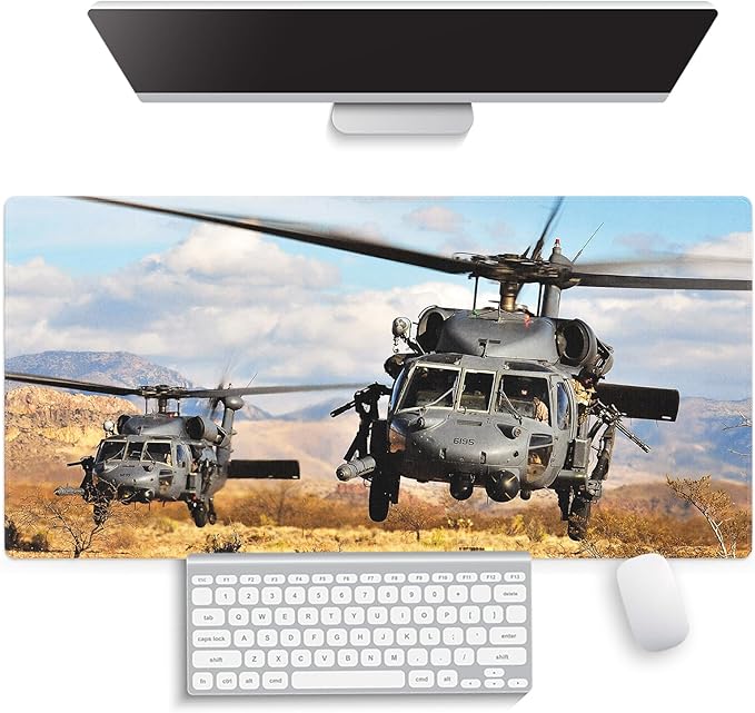 Large Gaming Mouse Pad (31.5" x 15.8") - UH-60 Black Hawk Military Helicopter Gunship Fighter Aircraft, Extra XXL Office Accessories, Premium Stitched Anti-Slip Patriotic Desk Mat