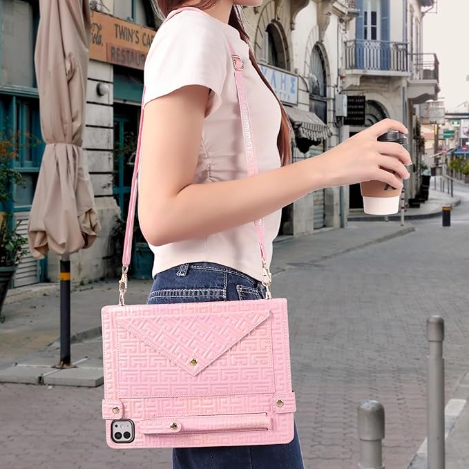 Shiny Case for iPad Pro 13" M5 M4 (2025/2024) Handbag Case, Techcircle Iridescent PU Leather Folio Envelope Pocket Stand Cover with Hand Strap+Shoulder Strap+Pencil Holder+Card Slots, Shiny Pink