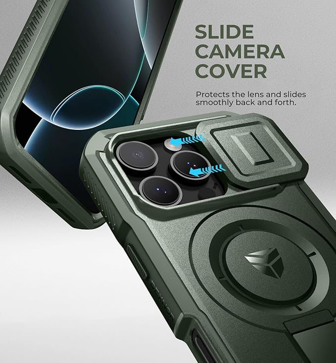 Dexnor for iPhone 16 Pro Case with Slide Camera Cover&Adjustable Kickstand & Built-in Screen Protector,Compatible with MagSafe Shockproof Bumper Cases Heavy-Duty Magnetic Protective Cover,Army Green