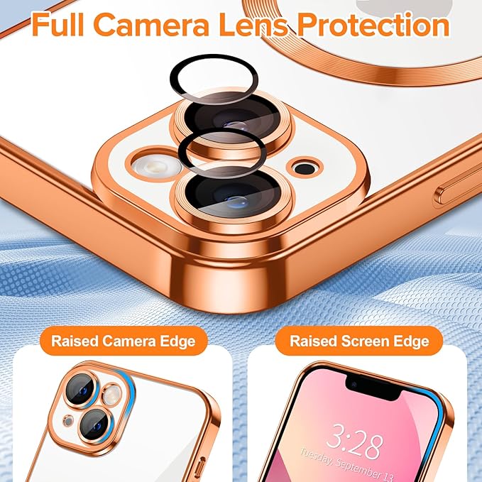 Hython Magnetic Clear for iPhone 13 Case with Camera Lens Protector [Compatible with MagSafe] Luxury Plating Edge Slim Soft TPU Cover Protective Phone Case for iPhone 13 6.1", Orange