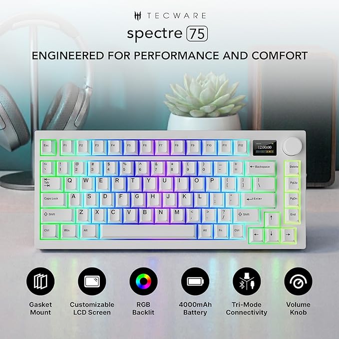 TECWARE Spectre 75 Mechanical Gaming Keyboard | Customizable LCD Screen Display & Knob | Tri-Mode Wireless Bluetooth 2.4GHz | Gasket Mount Hot Swappable | White Candy Red Linear Switches