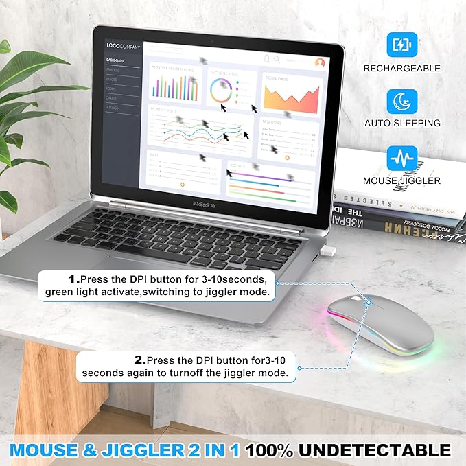 Bluetooth Wireless Mouse, Slim LED Rechargeable Silent Mouse with 2.4GHz USB-A/USB-C Receiver & Type-C Adapter, Compatible with Laptop, MacBook, iPad, iPad Pro,Mac,Tablet – Grey
