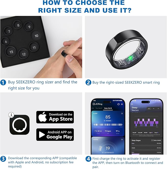 Smart Ring for Women Men, Titanium Fitness Ring with Heart Rate, Stress & Sleep Monitoring,Step & Calorie Counter, 5ATM Waterproof for iPhone and Android,No Subscription Fee (Black, 11)