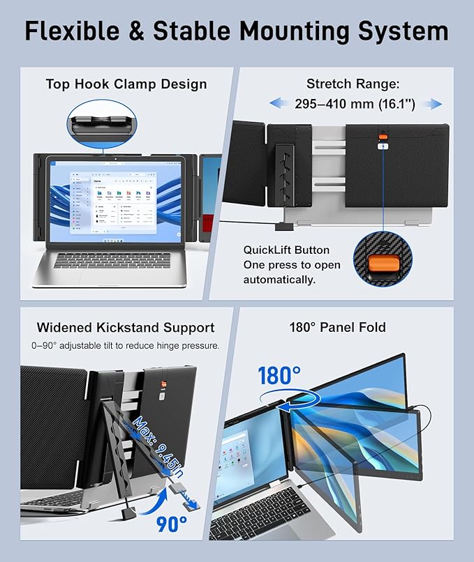 Laptop Screen Extender, 14" FHD 1080P IPS Portable Monitor for 13" - 17" Laptops, Plug & Play Screen Extender, Auto Adjust Width Dual Monitor, Compatible with Mac/Wins/Dex/Chrome