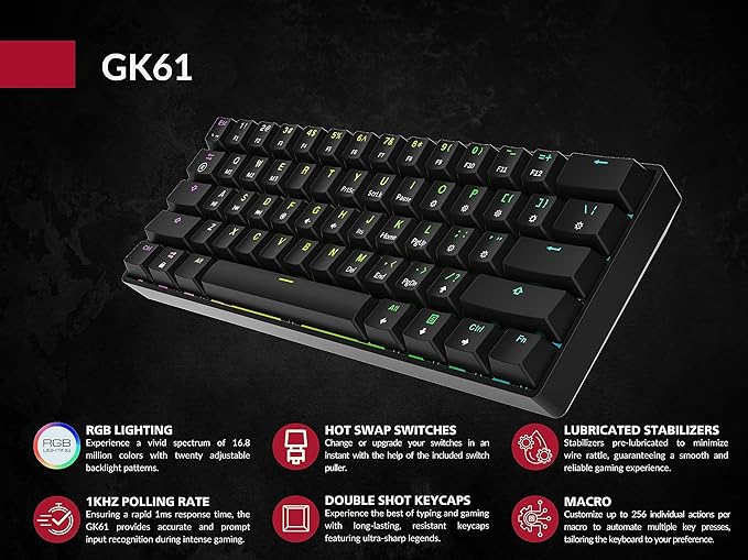 GK61 Mechanical Gaming Keyboard - 61 Keys Multi Color RGB Illuminated LED Backlit Wired Programmable for PC/Mac Gamer (Gateron Optical Yellow, Black)