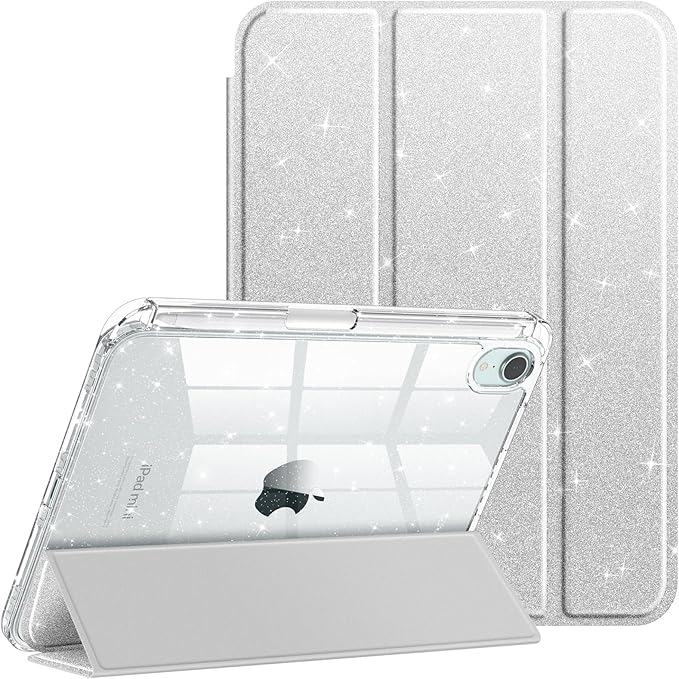 Fintie Slim Case for iPad Mini 7 (A17 Pro, 7th Generation) 2024 / iPad Mini 6 (6th Gen) 8.3 Inch - [Built-in Pencil Holder] Glittering Sparkly Shockproof Cover w/Shiny Clear Back Shell, Silver