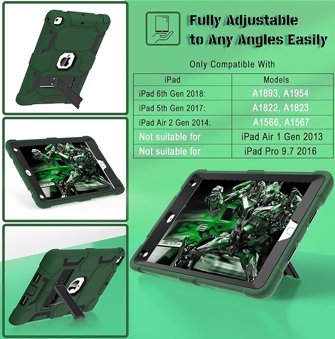 CCMAO Case for iPad 6th/5th Generation (9.7-inch, 2018/2017), iPad Air 2 Case (2014) with Kickstand, Hybrid Shockproof Protective iPad 9.7 Case, Dark Green+Black