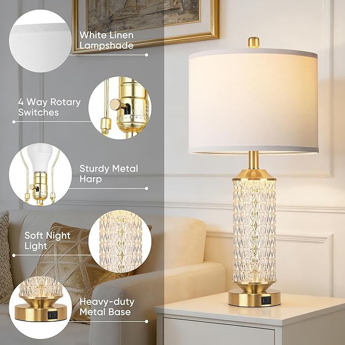 QiMH Gold Lamps for Living Room with LED Night Light,26" Modern Beside Lamps Set of 2 with Linen Shade & USB A+C Ports,Glass Table Lamps for Bedroom, Nightstand, Office, Home Decor(2 Blubs Included)