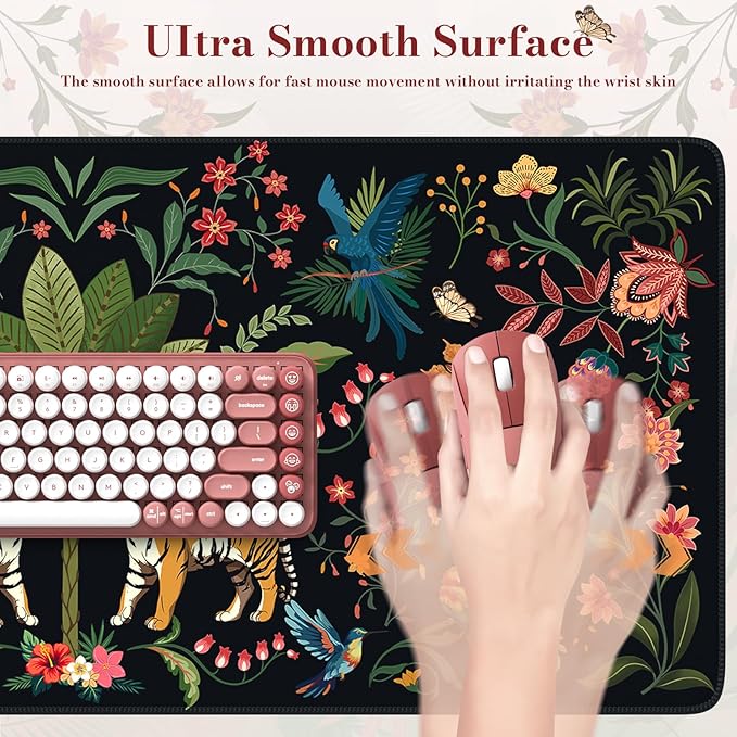 HAOCOO Gaming Large Mouse Pad with Smooth Surface, Extended Computer Pad with Non-Slip Rubber Base, Waterproof Laptop Pad, Stitched Edge Desk Cover Mat for Writing, Dining(Jungle)