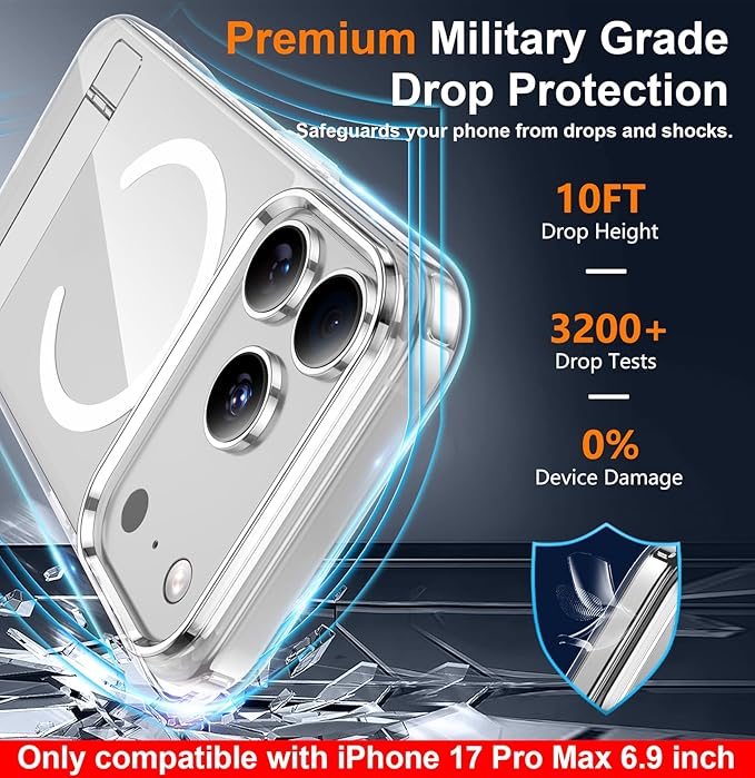 SPIDERCASE Magnetic for iPhone 17 Pro Max Case,with [3 Stand Ways] [Military Grade Drop Protection] with Invisible Stand Shockproof Slim Case for iPhone 17 Pro Max 6.9 inch,Clear