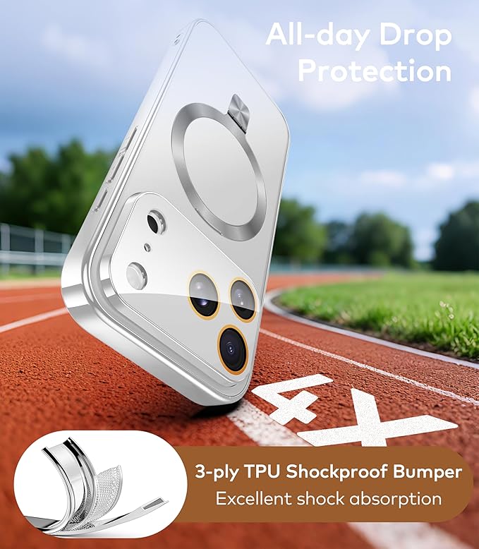 TOBOVON Magnetic for iPhone 17 Pro Case with Ring Stand, Fits MagSafe, with Built-in Camera Cover, Slim Electroplated Shockproof Phone Case, Silver