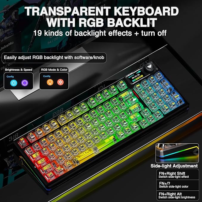 AULA F98 Pro V3 Wireless Mechanical Keyboard with Transparent Keycaps,Hot-swappable,Pre-lubed Linear Switches,Gasket Structure,RGB Backlit,TFT Screen,BT5.0/2.4G/USB-C Wired Computer Keyboard