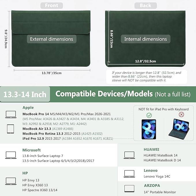 HYZUO 13.3-14 Inch Laptop Sleeve Case with Stand Feature for MacBook Pro 14 M5/M4/M3/M2/M1 2026-2021, MacBook Pro/Air 13.3, 13.5" 13.8" Surface Laptop, HP Spectre X360 13/14, Midnight Green