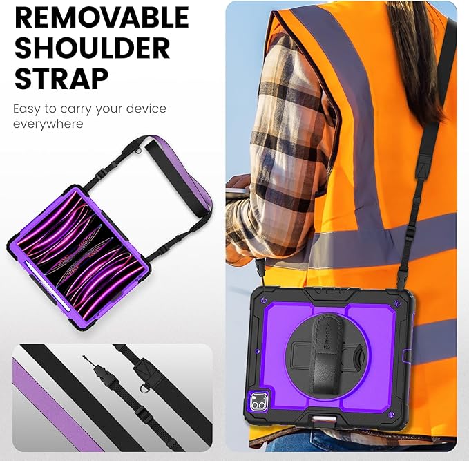 Timecity for iPad Pro 12.9 Case 6th/5th/4th/3rd Gen, 360° Rotating Stand, Pencil Holder & Wireless Charging, Shockproof with Screen Protector & Shoulder Strap - for Designers & Professionals - Purple