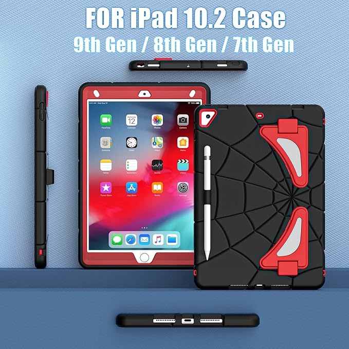 AKABEILA Compatible with Apple iPad 10.2 7th 8th 9th(2019/2020/2021) Tablet Case，Lightweight Shockproof Rugged Protective Cover with Kickstand for Kids Children Boys Babies Black Red